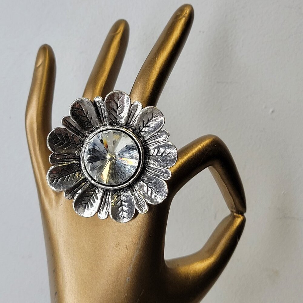 Vintage Statement Silver and Crystal Flower Adjustable Ring